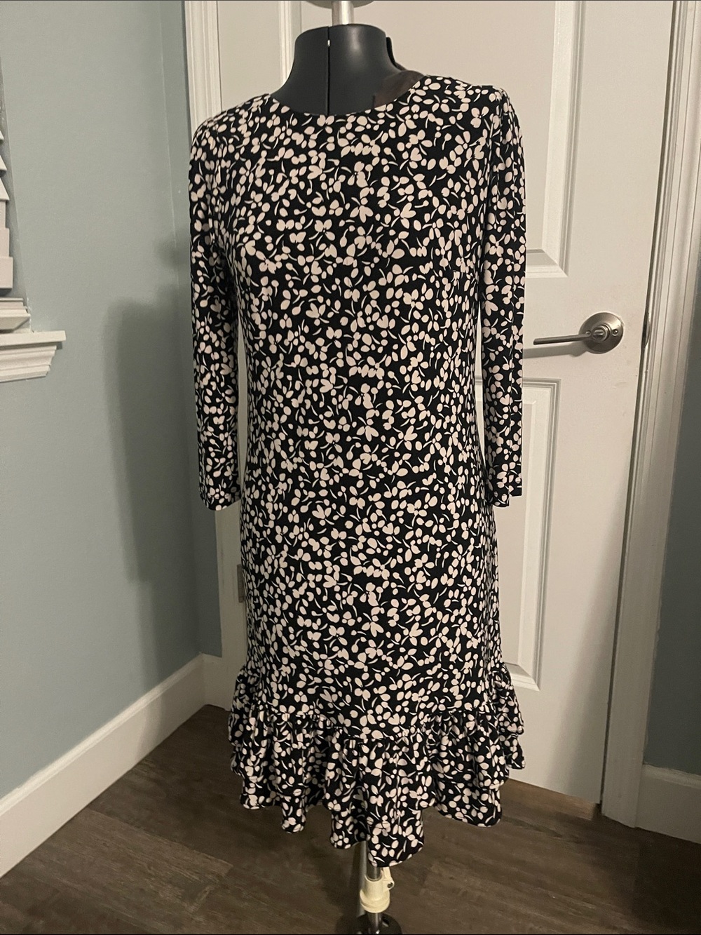 Tommy Hilfiger Black Dress with White Leaf Print & Ruffle Hem